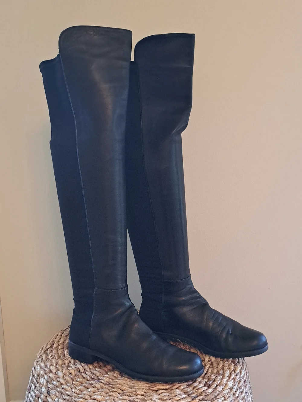 Stuart Weitzman Womens Luxury Over-the-Knee 50/50 Black Leather/Stretch Boots 8